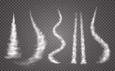 Airplane condensation trails. Plane smoke rocket stream effect airplane jet cloud flight. Jet trailing smoke isolated setのイラスト素材