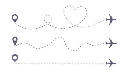 Set of Airplane line path vector icon of air plane flight route. Vector love airplane routeのイラスト素材