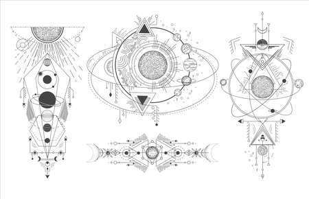 Vector set of sacred geometric symbols with moon, planet and arrows isolated on white backgroundのイラスト素材