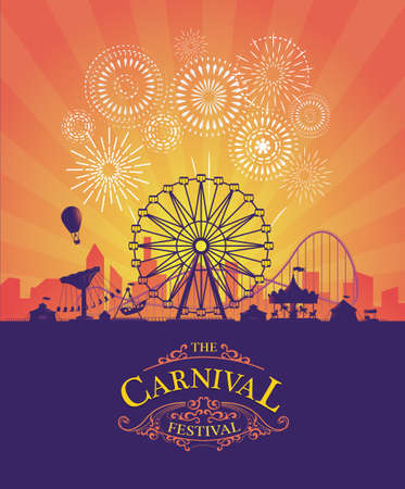 Vector background of amusement park. Poster design invitation of the carnival funfair and amusement with sunset. Ferris wheel, roller coaster and carousel festive parks attractionsのイラスト素材
