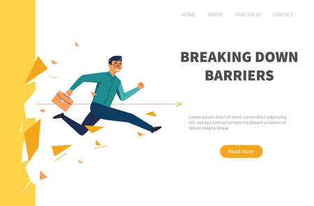 Businessman breaking wall. Web banner man overcomes the barrier. Business concept illustrationのイラスト素材