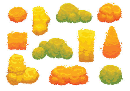 Colorful autumn bush. Cartoon shrubs for outdoor decorate landscape park. Vector isolated setのイラスト素材