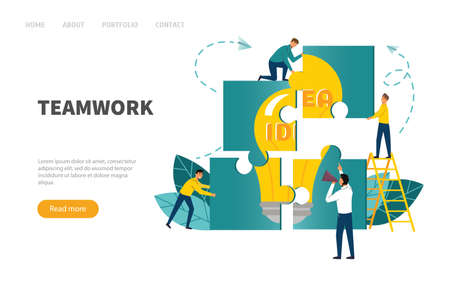 Teamwork concept. Banner people connecting puzzle elements.Vector illustration flat design styleのイラスト素材