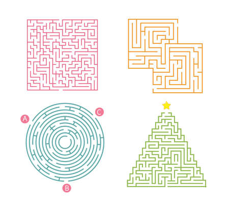 Set of 4 maze. Labyrinth shape design element. Simple round, square and triangularmaze labyrinth game for kids. Entry and exit. Children puzzle gameのイラスト素材