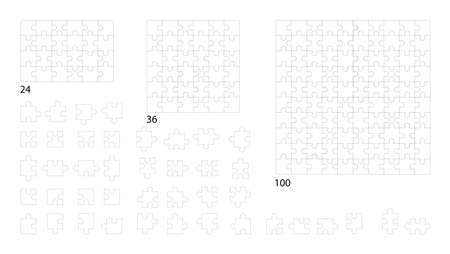 Jigsaw Puzzle Templates. Set of puzzle 24, 36, 100 pieces. Classic puzzles game element or mosaic part connection vector illustrationのイラスト素材