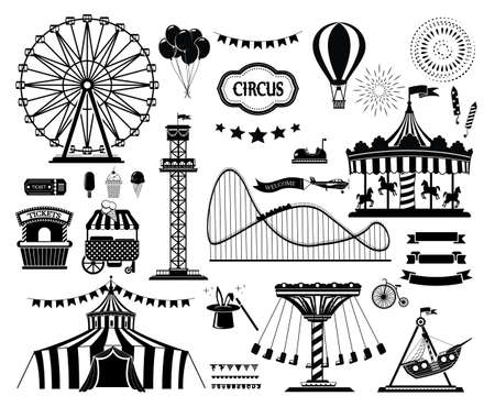Set of silhouette icons of circus, amusement park. Carnival parks carousel attraction, fun rollercoaster and ferris wheel attractionsのイラスト素材