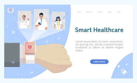 Future medical services. Using smart watch to communicate with doctor. Digital technologies in medicine. Vector web bannerのイラスト素材