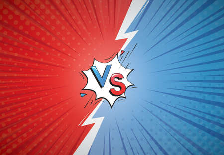Vs cartoon background. Comic versus duel battle or team challenge concept with radial rays halftone effects lightning. Blue Vs Red vector Illustration designのイラスト素材