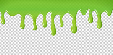 Realistic dripping slime. Green paint drips and flowing. Radioactive splashes liquid and blobs for halloween design isolated on transparent background, vector illustrationのイラスト素材