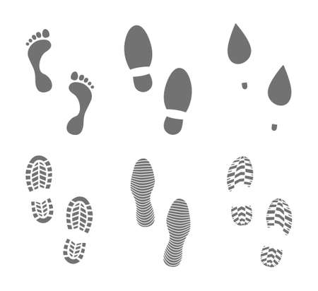 Footprints human shoes silhouette. Set of footprints and shoeprints icons in black showing bare feet and the imprint of the soles with the differing patterns. Vector illustrationのイラスト素材