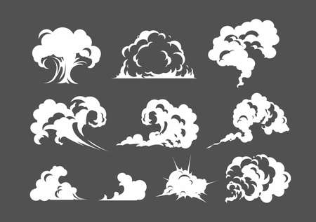 Cartoon smoke cloud. White smoke steam explosion dust fog smog gas blast dust game cartoon, icon. Fog flat isolated clipart for design, effects and advertising posters.のイラスト素材