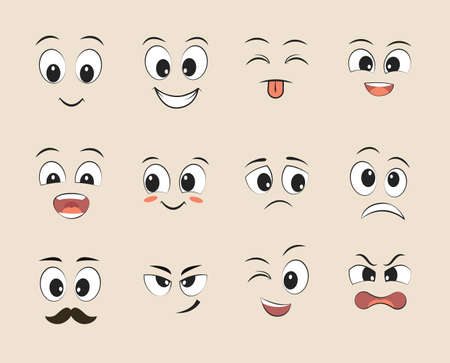 Set of funny faces. Cartoon faces with different expressions featuring the eyes and mouth, design elements. Vector illustrations.のイラスト素材