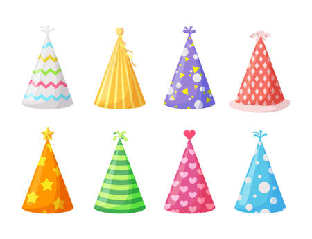Party caps. Set of colorful cartoon birthday hat cap for celebration party. Vector illustration.のイラスト素材