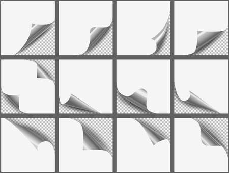 Curled corners set. Page curl with shadow on blank sheet of paper. Silver metallic paper sticker for your design and businessのイラスト素材