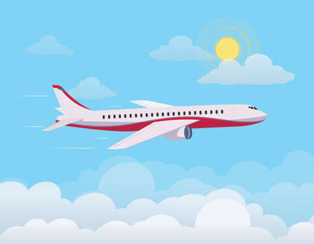 Airplane flying up against the sky, flying through clouds in the blue sky. Flat design style. Vector illustration.のイラスト素材