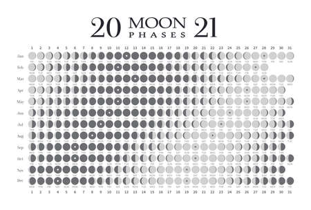 2021 moon phases calendar on white background. Astronomy vector chartのイラスト素材