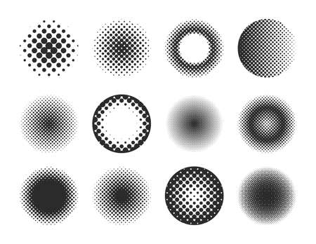 Circle halftone. Set of Nine Vector Radial Gradient Halftone Sunburst Circle Shape Stippling Abstract Design Elementsのイラスト素材