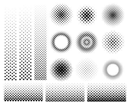Collection set of different abstract halftone art elements. Dots, squares, and line patterns included.のイラスト素材