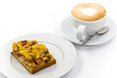 cappuccino with rhubarb pie-isolated on whiteの写真素材