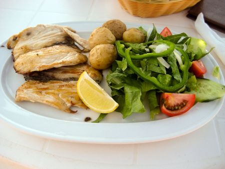 roast cutlet of pork with boiled potatoes and salad