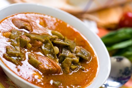 fresh cooked stew with green beans and roast ham,bacon の写真素材