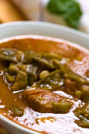 fresh cooked stew with green beans and roast ham,bacon の写真素材