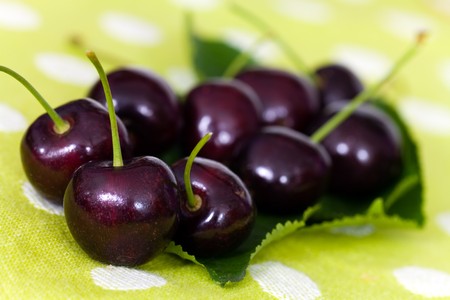 cherries on cherry leaf background の写真素材