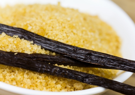 Vanilla beans and brown vanilla sugar, close up shot の写真素材