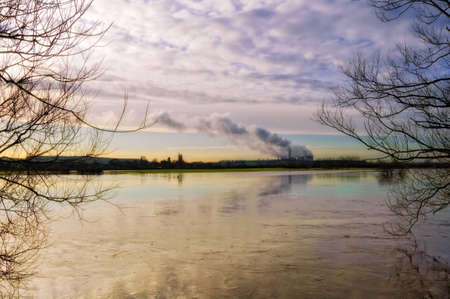 River Trent in flood. Ratcliffe on Soar Power Station from Attenborough.の写真素材