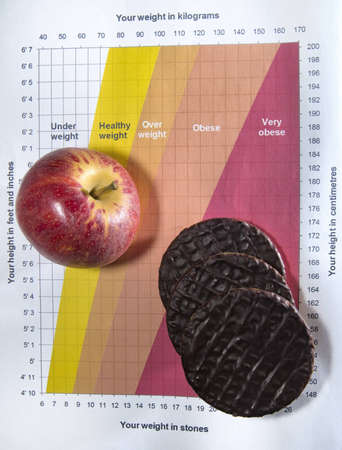 Obesety chart with healthy and unheathly snacks example  ie  apple and chocolate biscuitsの写真素材