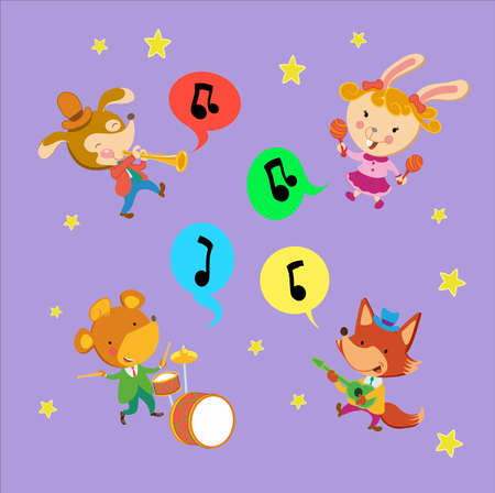 Set illustration of cheerful band of animal musicians playing instruments.のイラスト素材