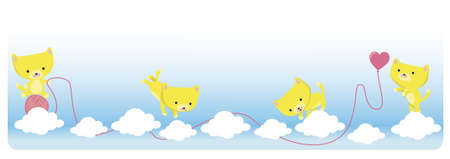 Banner of cute yellow kittens on clouds playing on clouds with a balloon heart.のイラスト素材