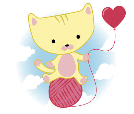 Illustration cute yellow cat with a balloon heart.のイラスト素材