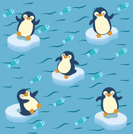 Pattern of funny penguin eating a fish on a piece of ice.のイラスト素材