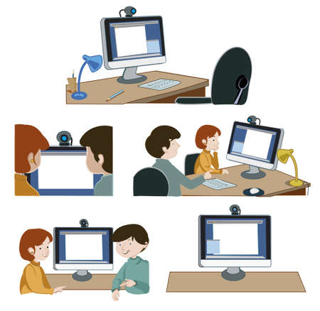 Illustration of two children talking on video conference with computer with webcamのイラスト素材