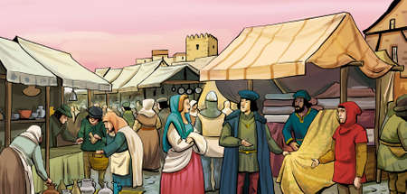 Illustration of market in city in the middle agesの写真素材