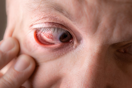 Subconjunctival hemorrhage - hyposphagma. Close up of mans face showing red bloodshot eye.