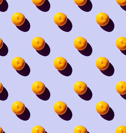 summer Seamless pattern of juicy orange mandarine with shadow on blue background. summer concept