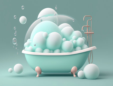 White bathtub in bathroom. Vintage bath and soap foam bubbles on blue background. Generative AIの素材