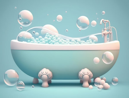 White bathtub in bathroom. Vintage bath and soap foam bubbles on blue background. Generative AIの素材
