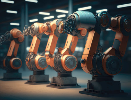 Smart industry robot arms for digital factory production technology showing automation manufacturing process. Generative AIの素材