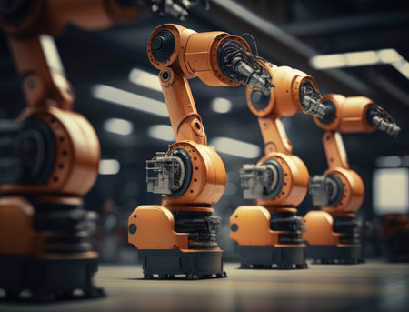Smart industry robot arms for digital factory production technology showing automation manufacturing process. Generative AIの素材