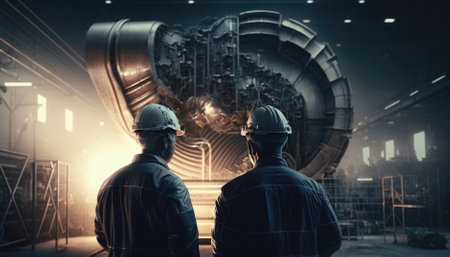 Futuristic Technology Concept: Team of Engineers and Professionals Workers in Industry Manufacturing Factoryの素材