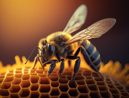 Bee on honeycombs with honey slices nectar into cells. Macro image of a bee on a frame from a hive. Bees on honeycomb. Generative AIの素材