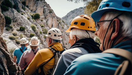 Group of senior friends hikers with backpacks enjoying trekking day on mountain - Elderly climbing tourists enjoying holidays and healthy lifestyle - Freedom, success sport concept. Generative AIの素材