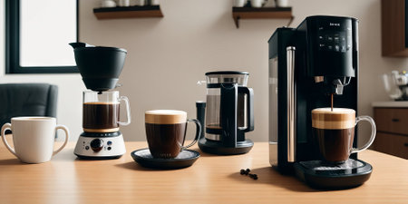 coffee machine with cup of fresh espresso coffee near it on wooden kitchen counter with interesting perspective, with cup and cappuccino automat in focus and blurred background. Generative AIの素材
