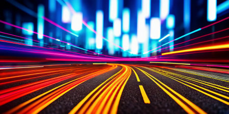City street with binary code numbers on motion blurred asphalt road, speed and faster digital matrix technology information concept. Generative AIの素材