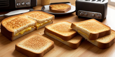 Good morning concept. Close-up shot of slightly burnt white bread toasts just sticking out of a toaster on kitchen table. Ready toasts with a dark crust. Useful breakfast concept. Generative AIの素材
