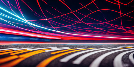 City street with binary code numbers on motion blurred asphalt road, speed and faster digital matrix technology information concept. Generative AIの素材