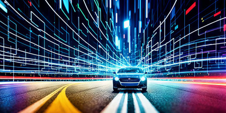 A car racing on road with motion blur to create vision of fast speed transfer. Concept of future digital transformation, disruptive innovation and agile business methodology. Generative AIの素材